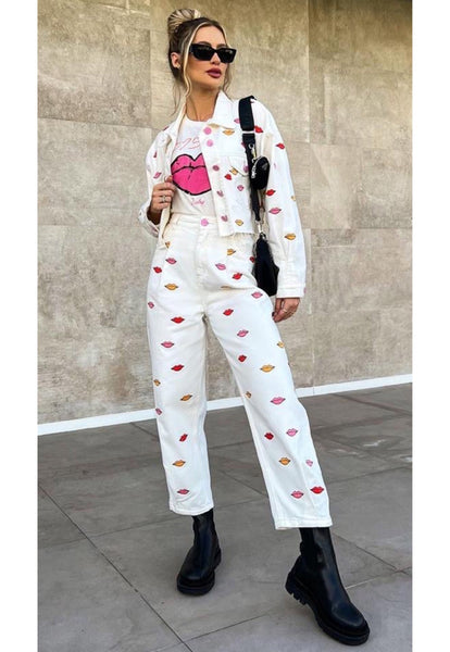 Embroidered White Denim Pants