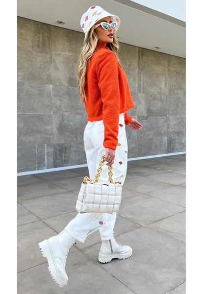 Embroidered White Denim Pants