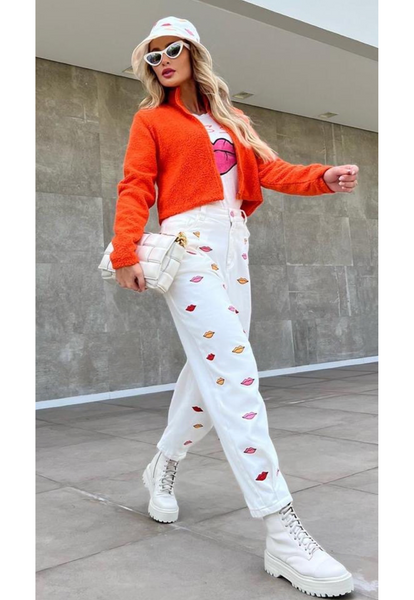 Embroidered White Denim Pants