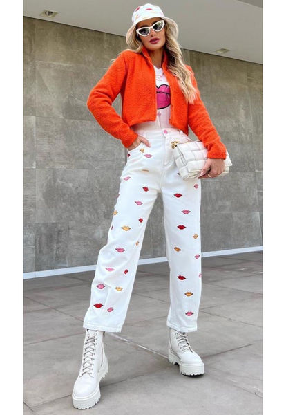 Embroidered White Denim Pants