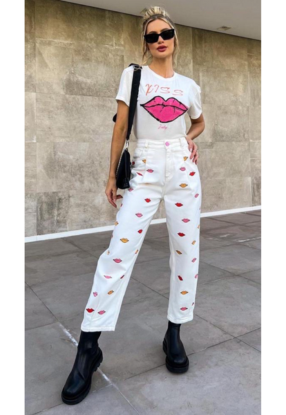 Embroidered White Denim Pants