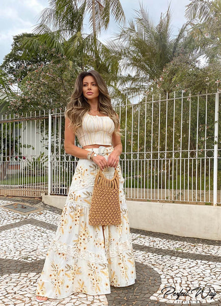 Yellow & Brown Print Cropped Top & Long Skirt Set