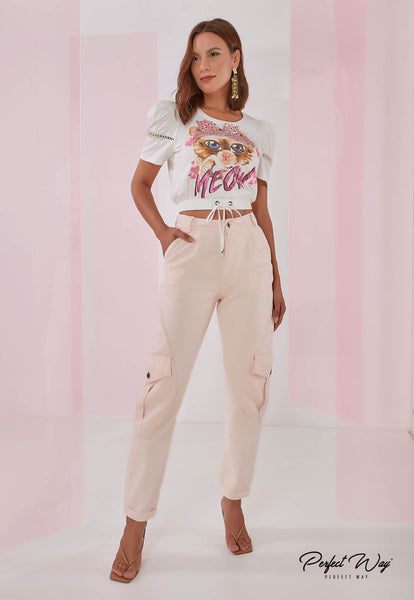 Off-White Print T-Shirt with Hand Embroidery