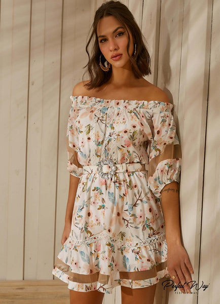Off-White & Blue Loose Floral Print Dress with Belt