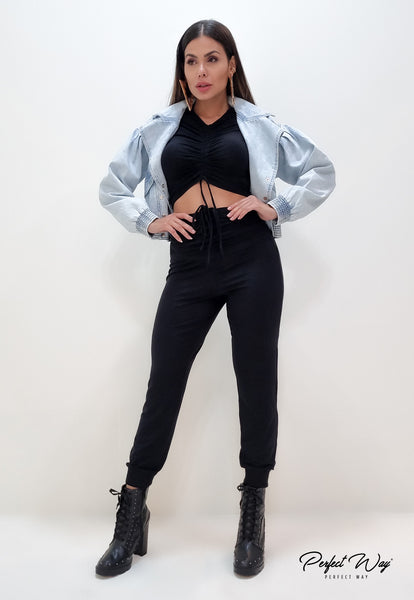 Black Cropped Top & Jogger Pants Set