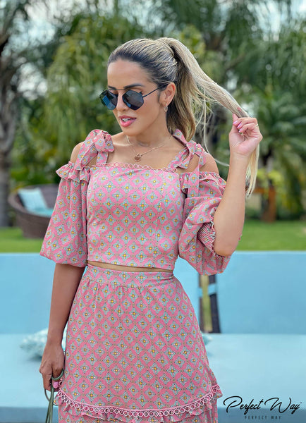 Rose & Blue Cropped Top & Midi Skirt Set