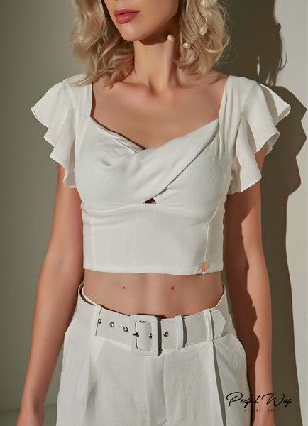 Off-White Ruffle Sleeve Cropped Top