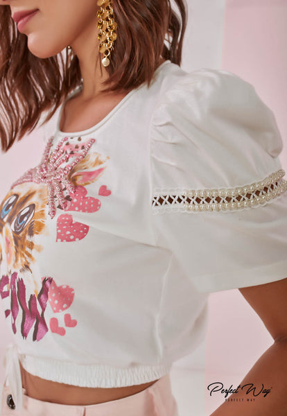 Off-White Print T-Shirt with Hand Embroidery