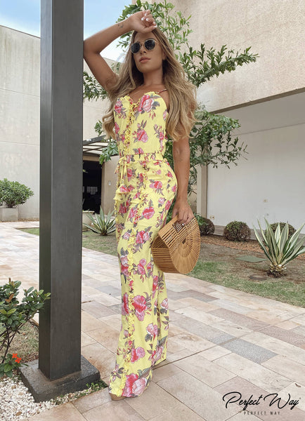 Yellow & Pink Print Long Jumpsuit