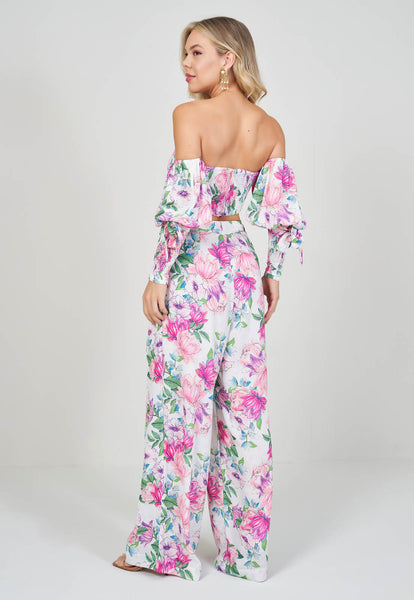 Off-White & Pink Off-Shoulder Cropped Top & Wide-Leg Pants Set