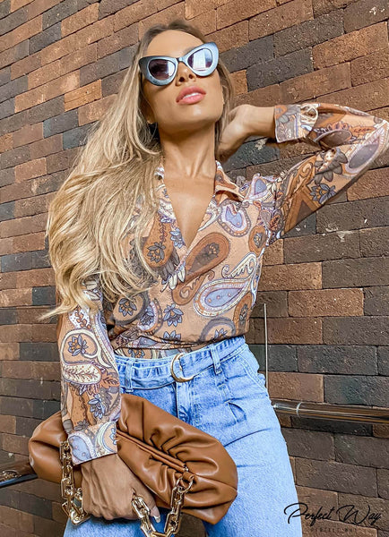 Orange & Brown Wrap-Front Print Bodysuit