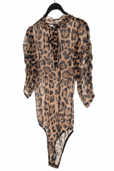 Leopard Print Sheer Mesh Ruched-Sleeve Bodysuit – One Size