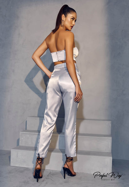 Gray Tailored Pants with High Waist & Belt