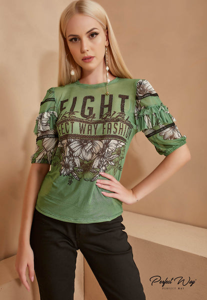 Green Print T-Shirt with Heat Detail