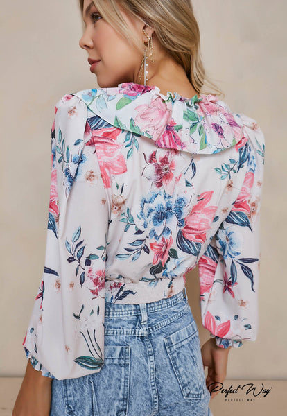 Beige & Pink Floral Print Blouse