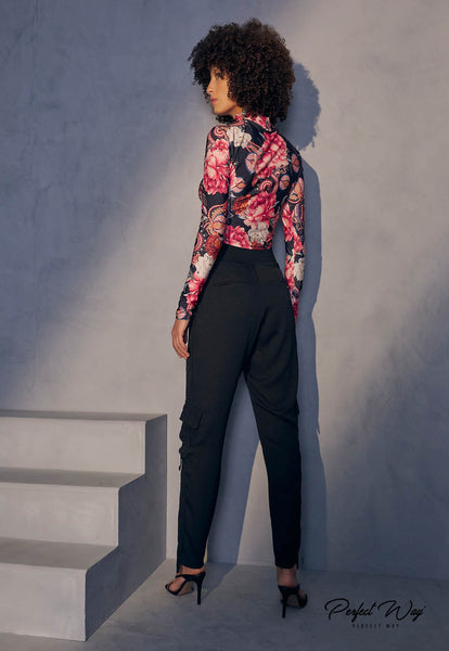 Black Straight-Cut Tailored Pants with Details