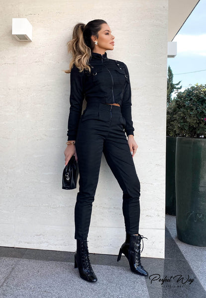 Black Cropped Blouse & Relaxed Pants Set