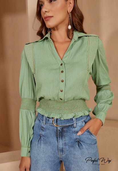 Light Green V-Neck Button Shirt