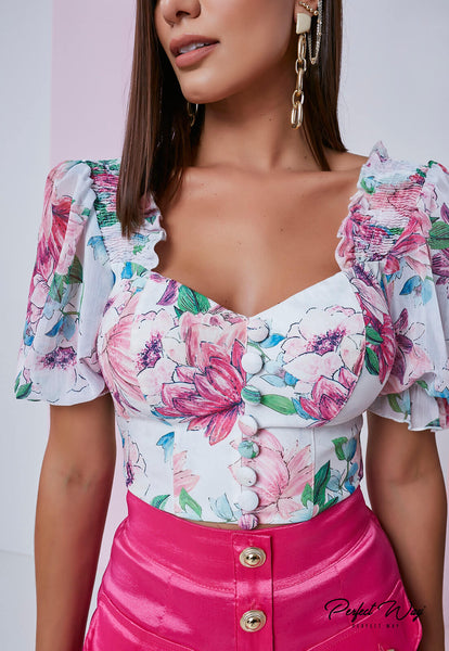 Off-White & Pink Print Blouse & Shorts Set