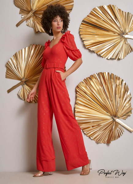 Red Long Jumpsuit with Details