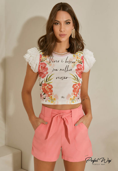 Off-White Print Cropped T-Shirt with Embroidery