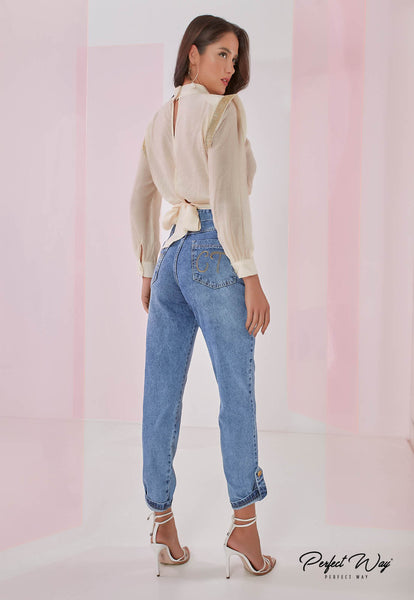 Beige Blouse with Shoulder Pads & Heat Detail