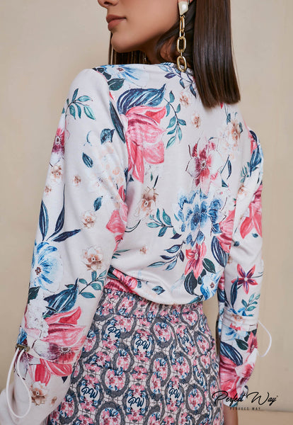 Pink Print Long Sleeve Cropped Top