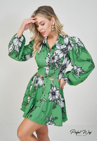 Green & Black Print Dress