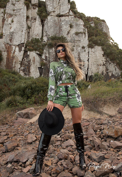 Green & Black Printed Blouse & Shorts Set