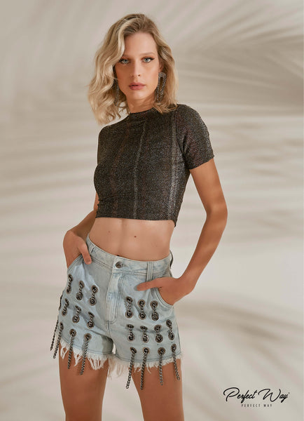 Gold Lurex Mock-Neck Short-Sleeve Crop Top
