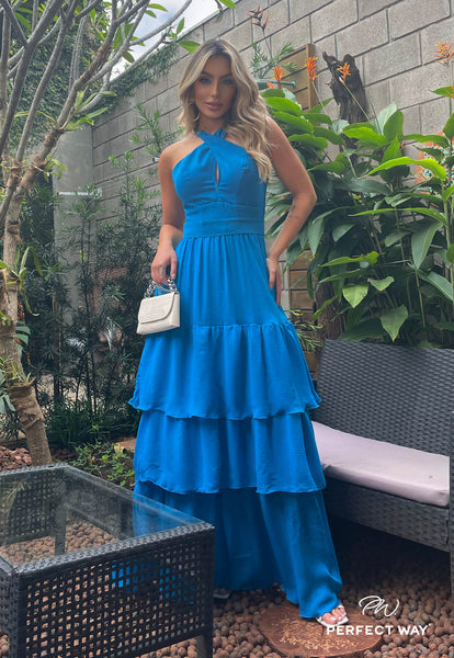 Blue Wrap Dress with Ruffles