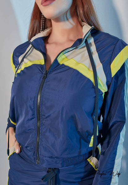 Blue & Yellow Two-Tone Jacket & Shorts Set with Drawstring