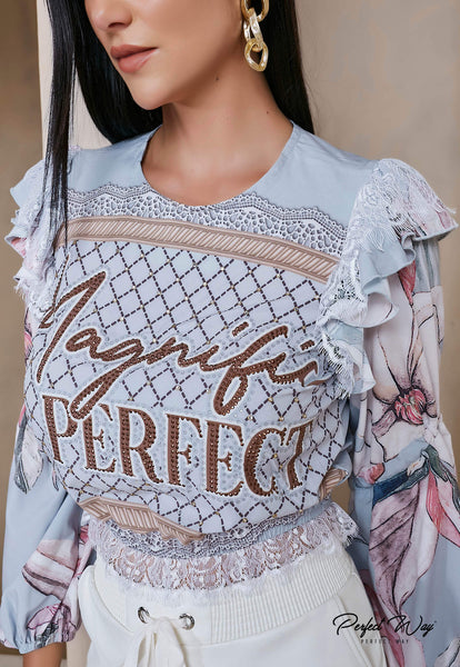 Gray & Off-White Print Puff Sleeve Cropped Top
