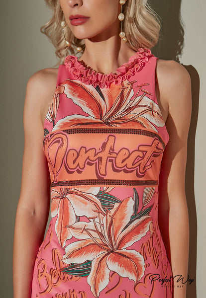 Pink & Orange Print Midi Dress