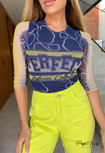 Blue & Yellow Print Bodysuit with Heat-Set Appliqué