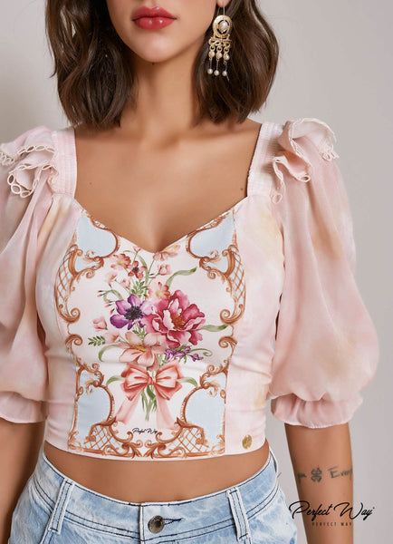 Pink Print Puff Sleeve Cropped Top