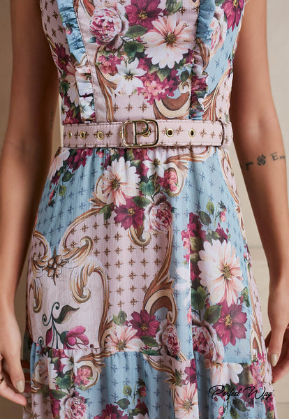 Nude & Green Print Long Dress