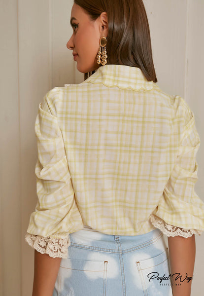 Yellow & Off-White Print Shirt with Guipure Detail