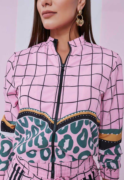 Pink & Black Print Jacket & Shorts Set