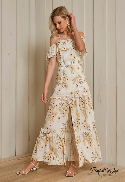 Yellow & Brown Print Mullet Midi Dress with Belt