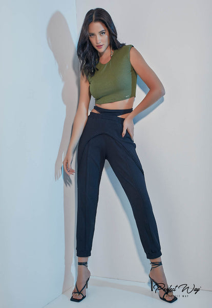 Military Green Ribbed Knit Cropped Top
