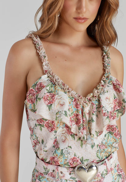 Beige & Green Print Blouse & Shorts Set