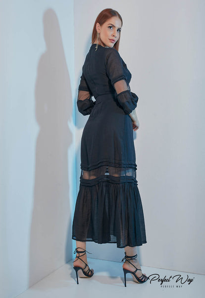 Black Chantilly Lace & Tulle Dress with Belt