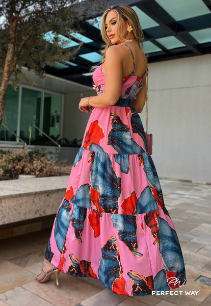 Pink & Blue Print Long Dress