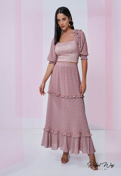 Rose & Blue Cropped Top & Midi Skirt Set