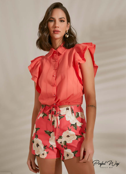 Coral Drawstring Hem Shirt