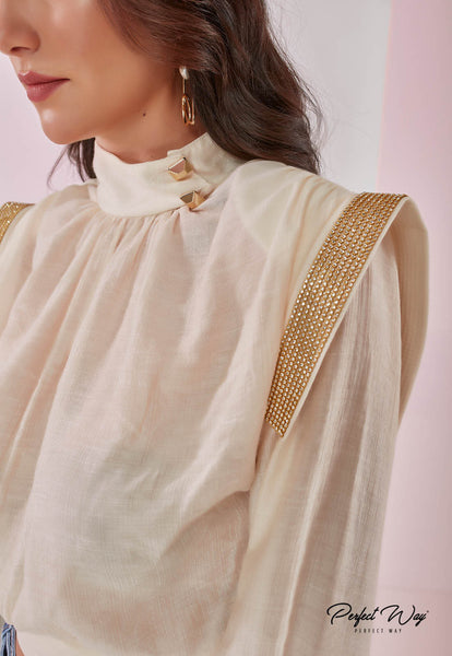 Beige Blouse with Shoulder Pads & Heat Detail