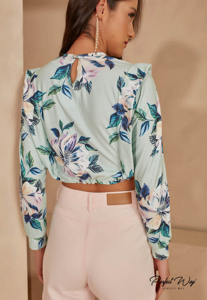 Green & Blue Cropped Sweatshirt Blouse with Adjuster