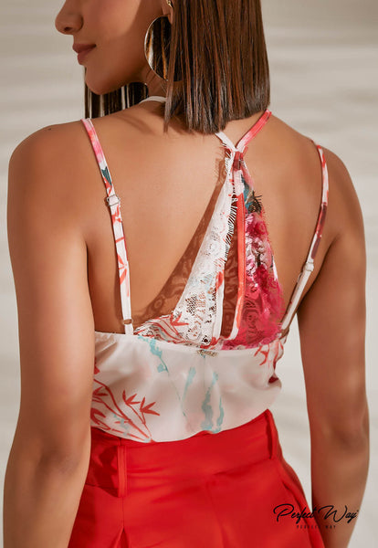 Off-White & Red Print Cropped Top
