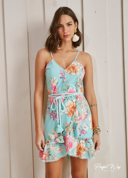 Green & Pink Loose Floral Print Dress with Belt